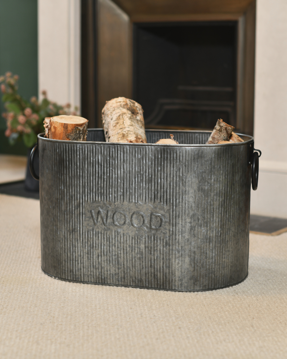 Ribbed 'Farnhill' Natural Steel Log Basket - 54 cm