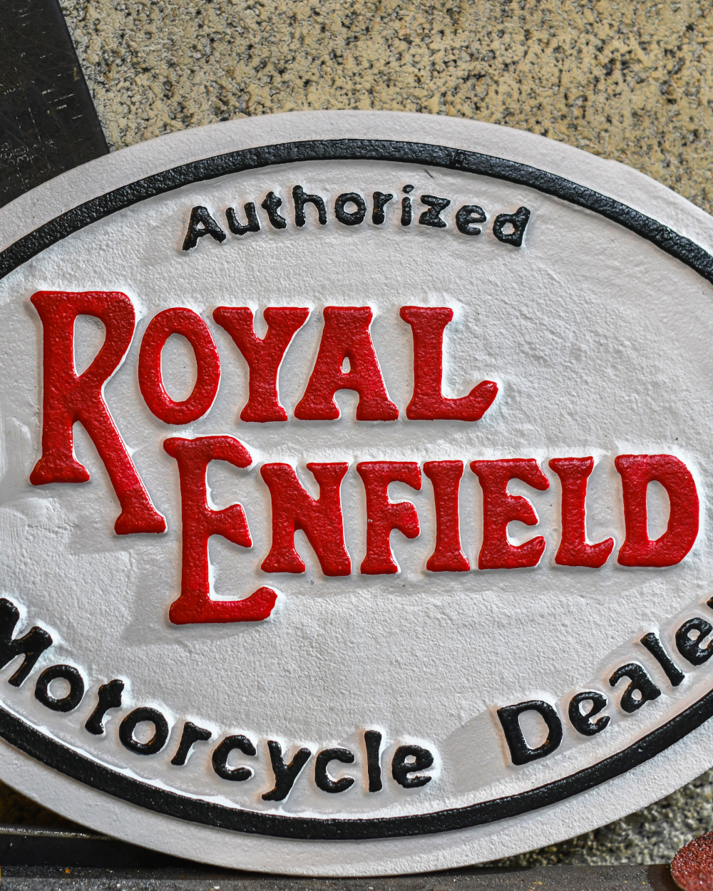 Close Up Of The Royal Enfield Motorcycles Cast Iron Automobilia Reproduction Sign
