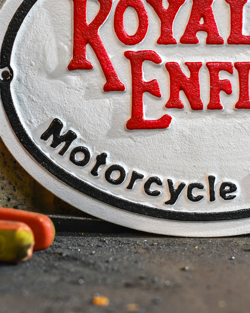 Royal Enfield Motorcycles Cast Iron Automobilia Reproduction Sign Close Up Details
