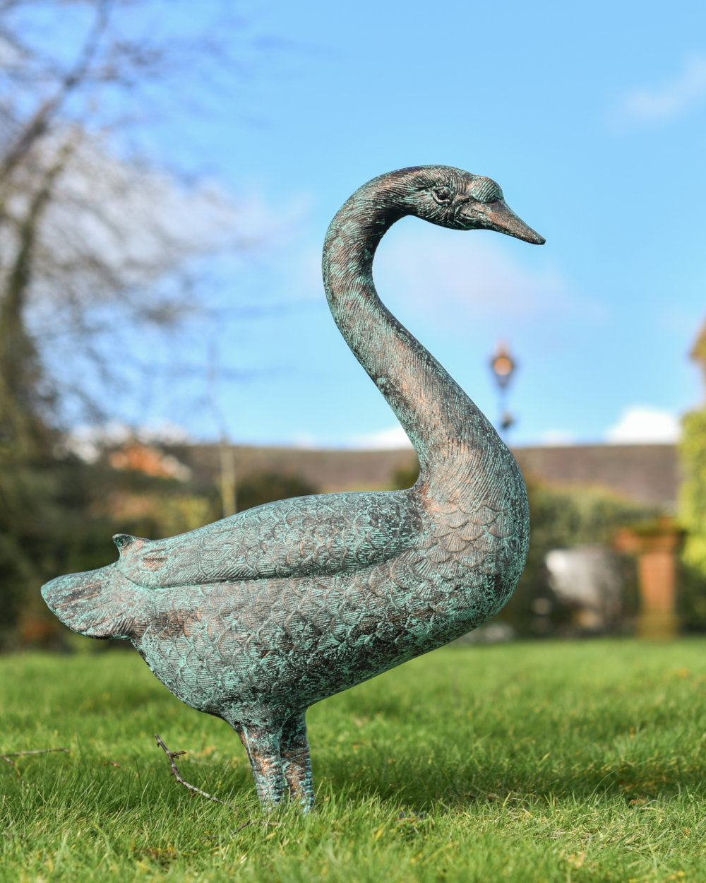Cast Aluminium Gus The Verdigris Goose Sculpture - Head Down Side On