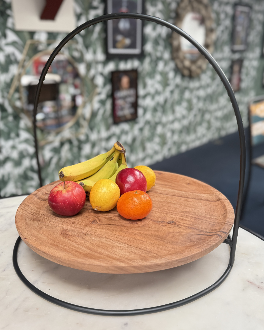 Contemporary 'Arco' Mango Wood & Wrought Iron Decorative Tray - 33cm