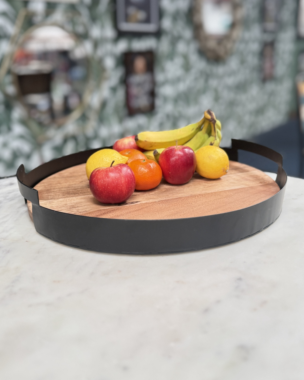 Contemporary Mango Wood & Wrought Iron Decorative Tray - 42cm