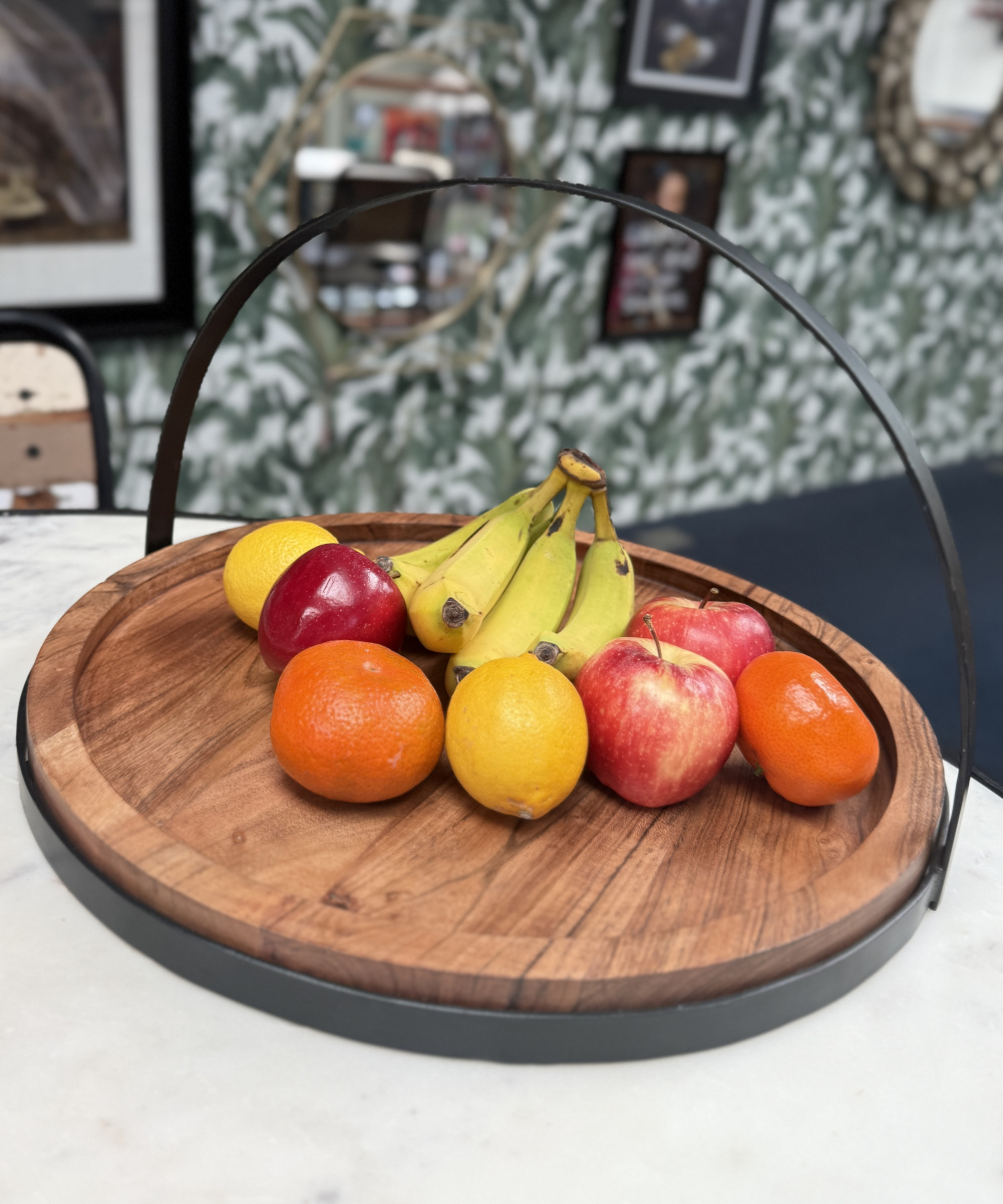 Contemporary Mango Wood & Wrought Iron Tray With Curved Handle - 42cm