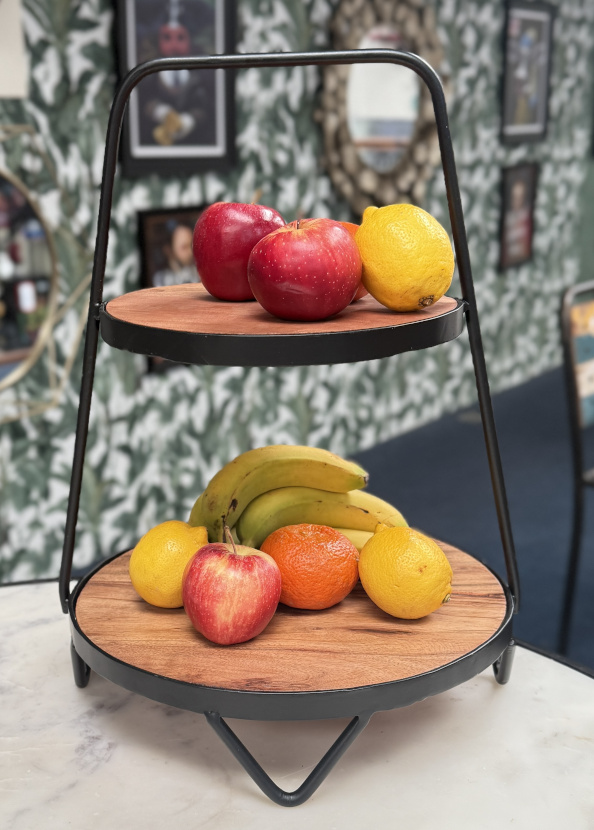 Contemporary Two Tier Mango Wood & Wrought Iron Afternoon Tea Stand - 43cm
