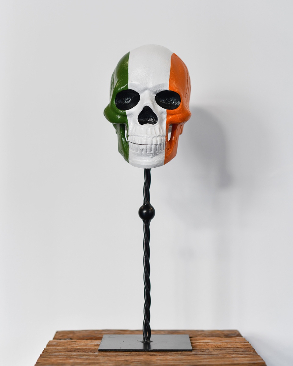 Aluminium 'Irish To The Bone' Skull Home Ornament - With Stand
