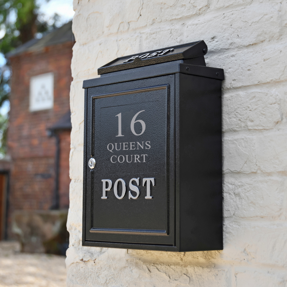 Personalised Black Wall Mounted Post Box With Vinyl Finish