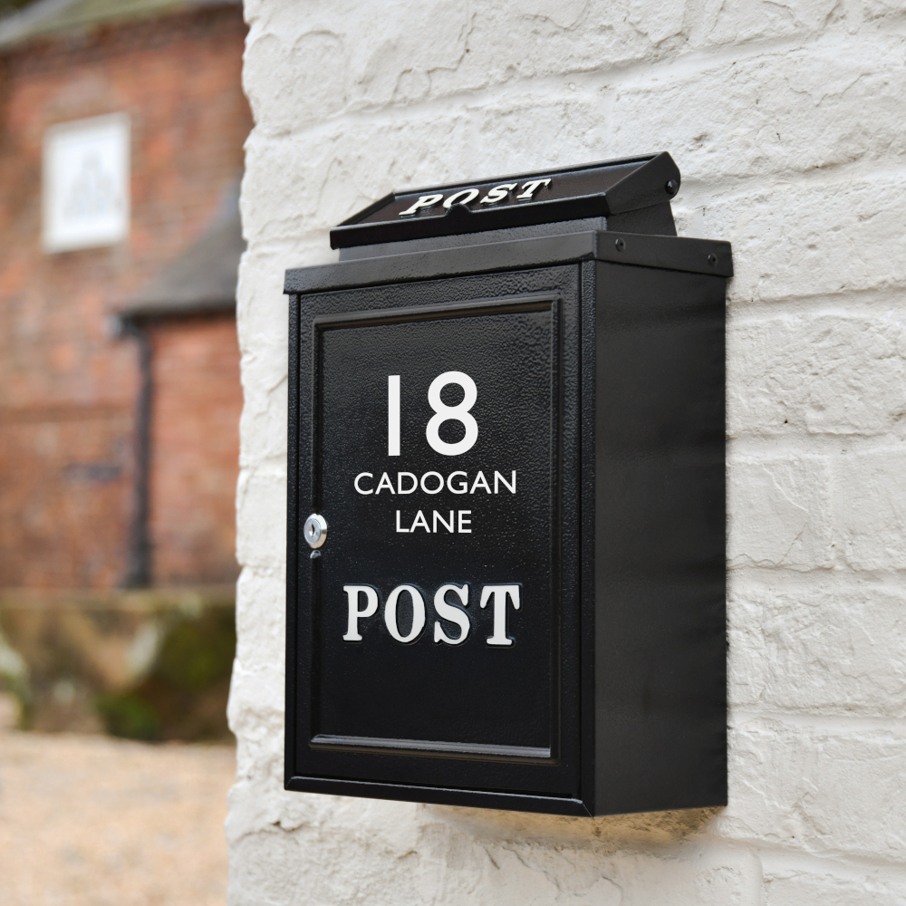 Personalised Black Wall Mounted Post Box with White Lettering
