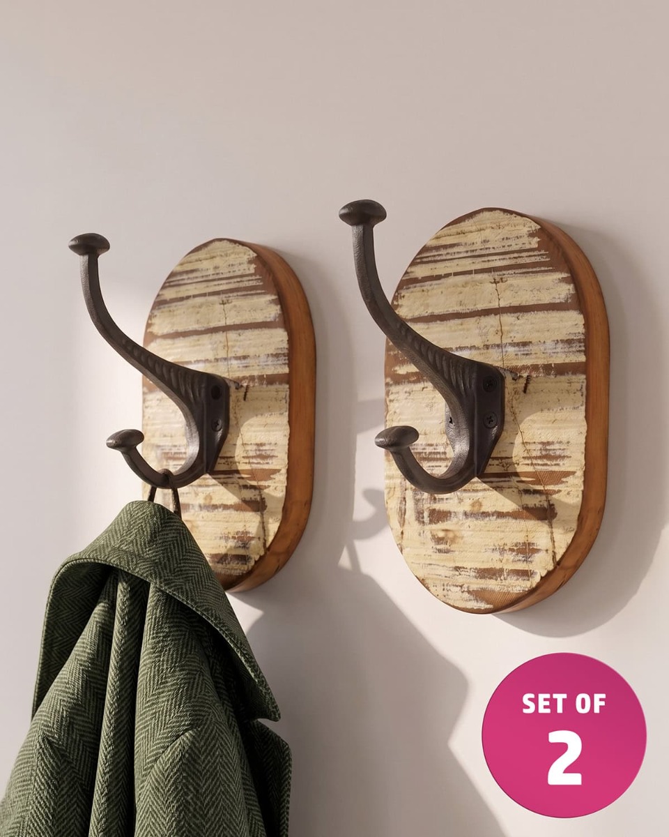 Pair Of Recycled Wood & Iron Coat Ho…