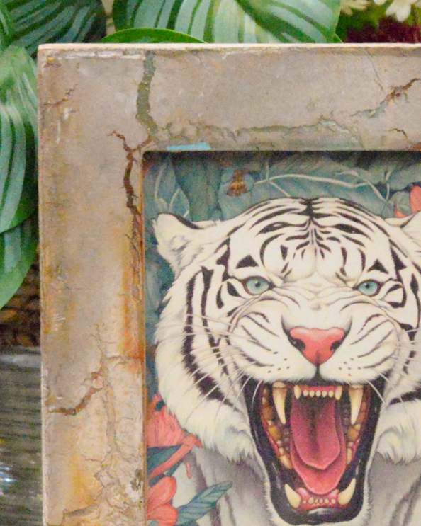 Close Up Of 'The White Tiger' Recycled Wooden Framed Artwork