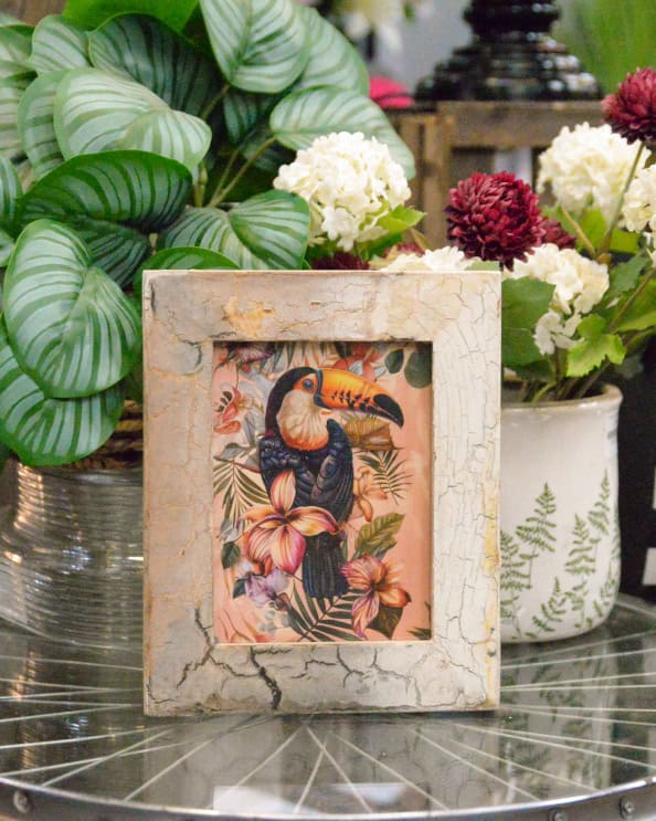 'Floral Flight' Recycled Wooden Framed Tucan Artwork - 26 x 21cm