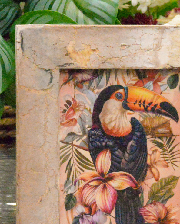 Clsoe up of The Floral Flight Recycled Wooden Framed Tucan Artwork