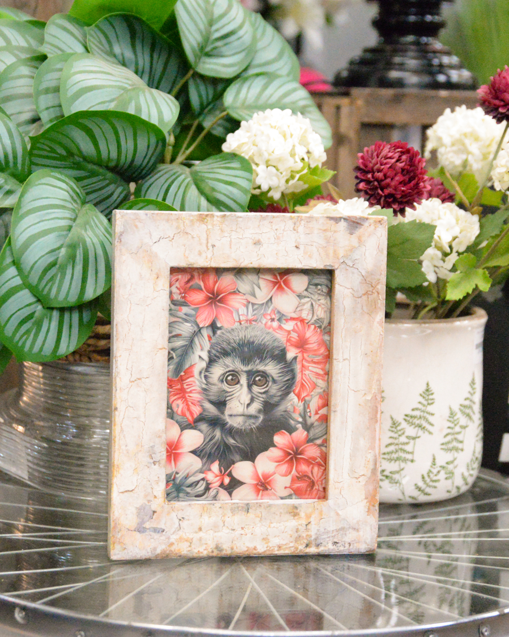 'The Mischief in Bloom'  Recycled Wooden Framed Monkey Artwork - 26 x 21cm