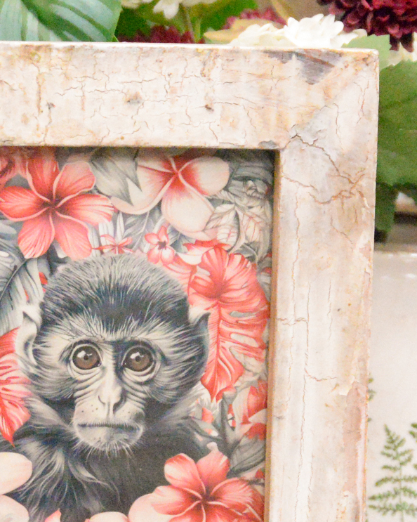 'The Mischief in Bloom' Recycled Wooden Framed Monkey Artwork Close Up