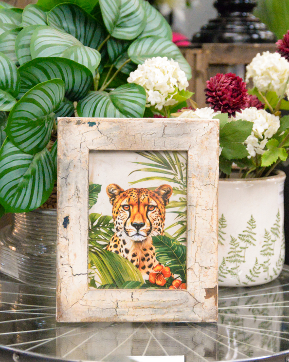 'The Jungles Camouflage' Recycled Wooden Framed Leopard Artwork - 26 x 21cm