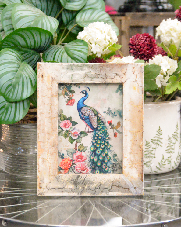 'The Regal Blossom' Recycled Wooden Framed Peacock Artwork - 26 x 21cm