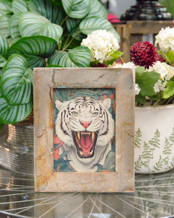 'The White Tiger' Recycled Wooden Framed Artwork - 26 x 21cm