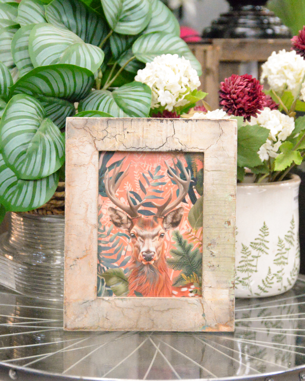 'The Woodland Watcher' Recycled Wooden Framed Stag Artwork - 26 x 21cm