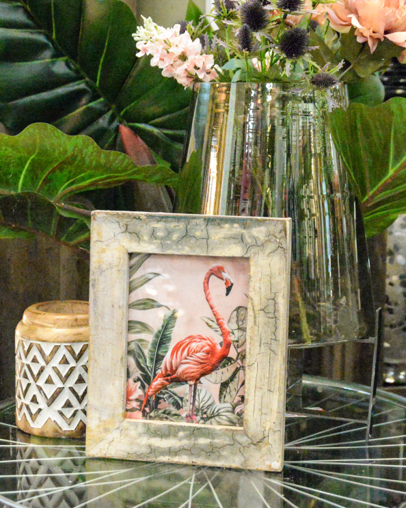'Tropical Palms' Recycled Wooden Framed Flamingo Artwork - 26 x 21cm