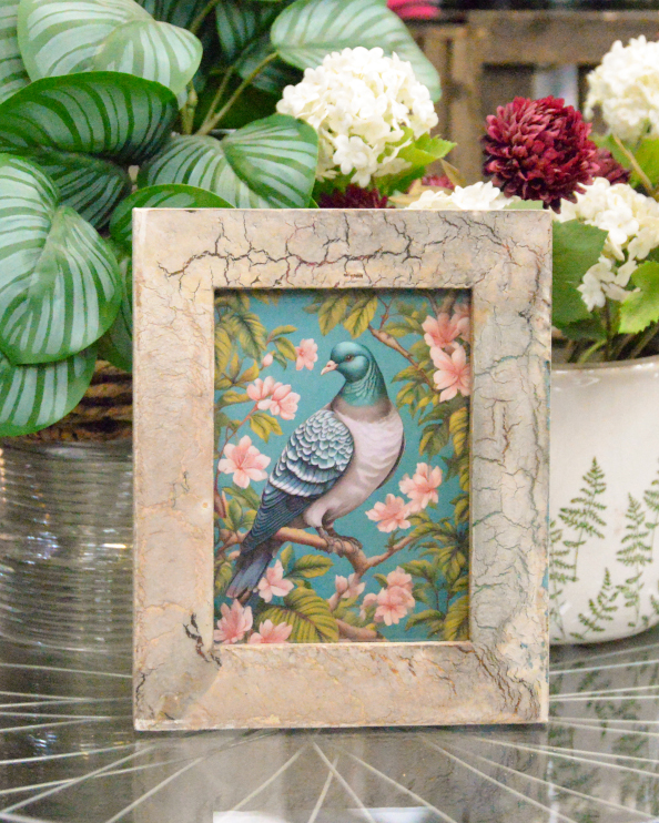 'Blossoming Perch' Recycled Wooden Framed Pigeon Artwork - 26 x 21cm