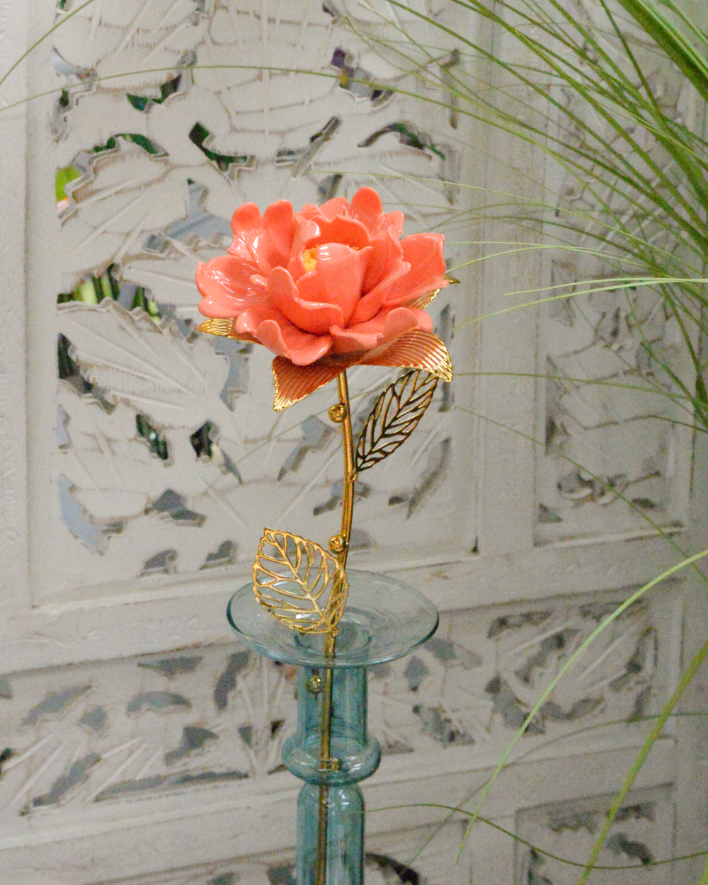 Ceramic Lotus Flower Ornate Flower Decoration - Coral