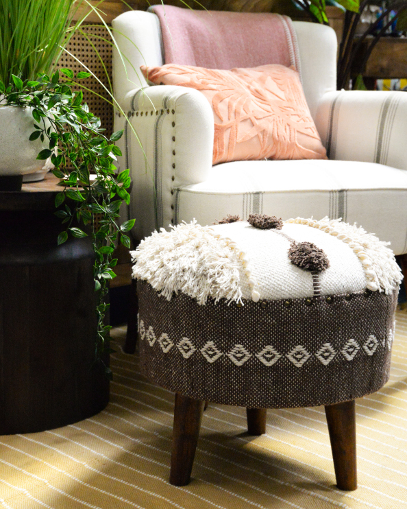 Fabric & Wood Upholstered Footstool - Nordic Boho