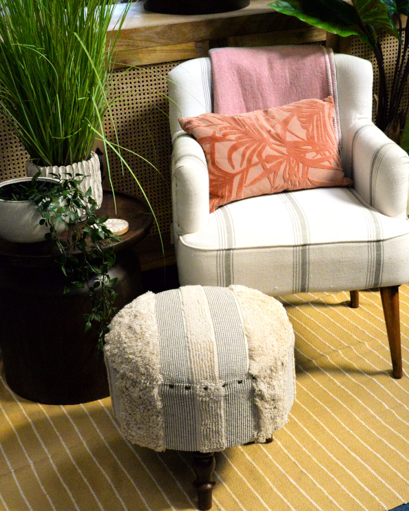 Fabric & Wood Upholstered Footstool - Black & White