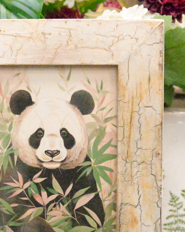 'The Forest Dweller' Recycled Wooden Framed Giant Panda Artwork Close Up