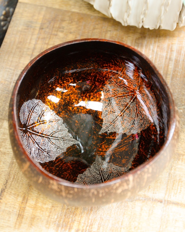Orange Ornate Coconut Bowl With Leaf Details