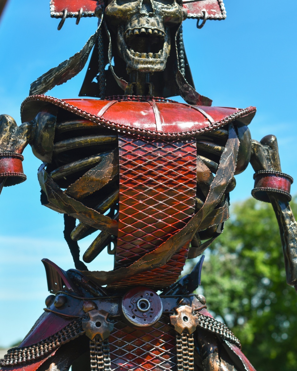 The Chief Skeleton Warrior Recycled Metal Parts Sculpture Up Close