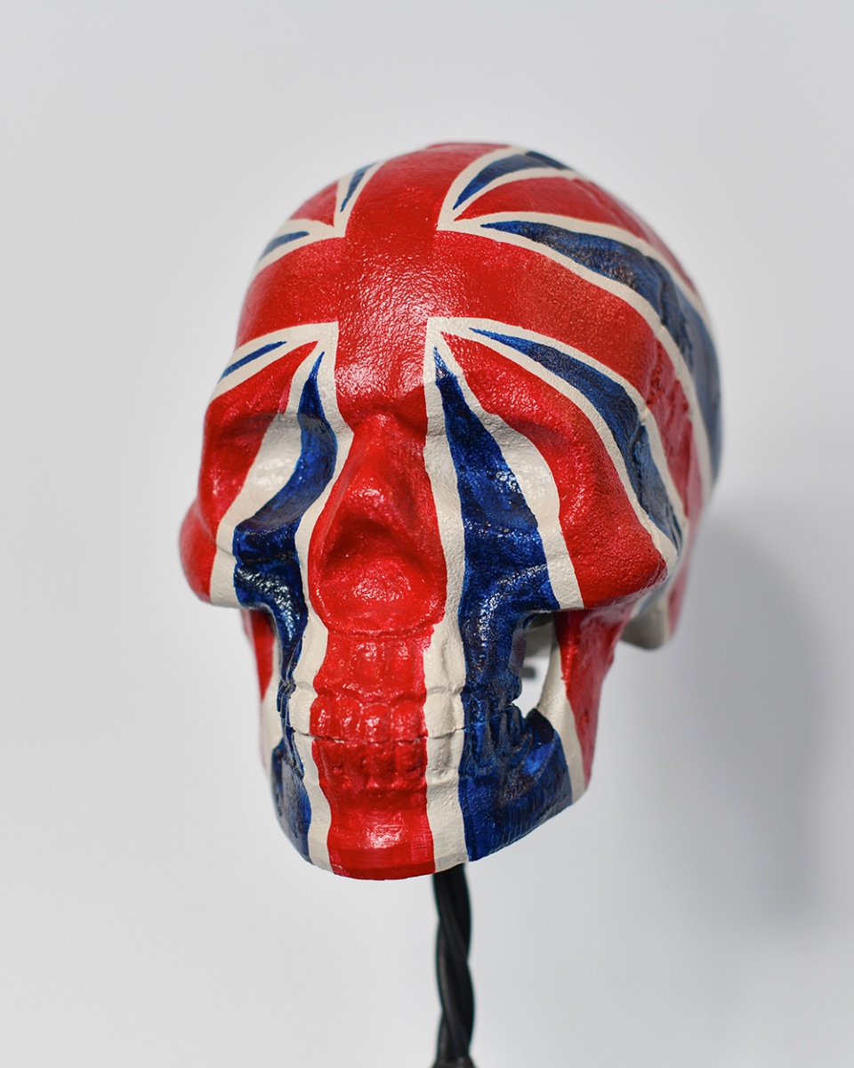 Aluminium 'British To The Bone' Skull Home Ornament - With Stand Close Up