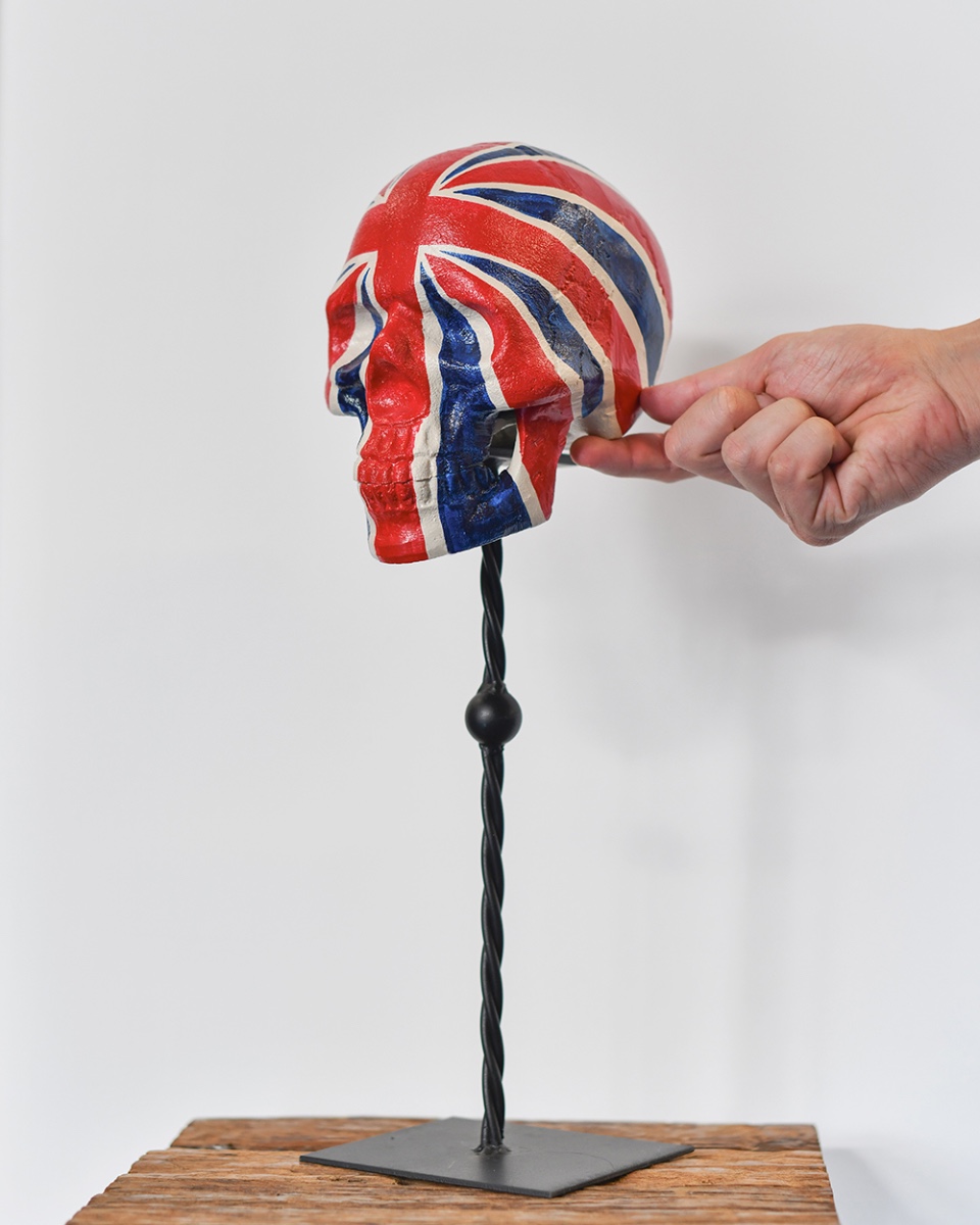 Aluminium 'British To The Bone' Skull Home Ornament - With Stand To Scale