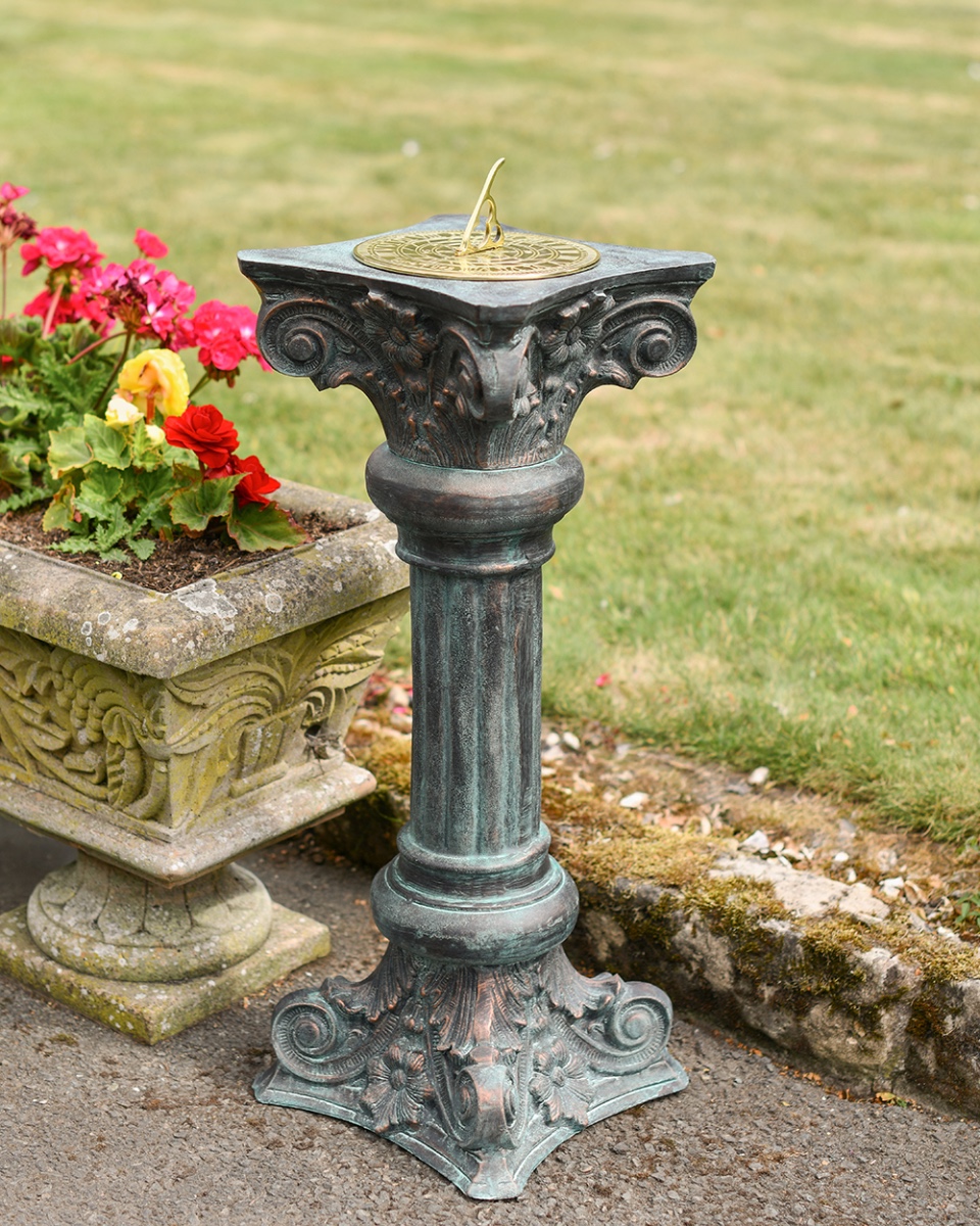 'Flos' Verdigris Cast Aluminium Sundial Column