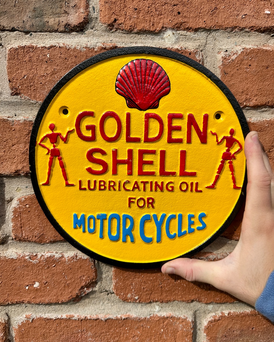 'Golden Shell For Motorcycles' Cast Iron Automobilia Sign