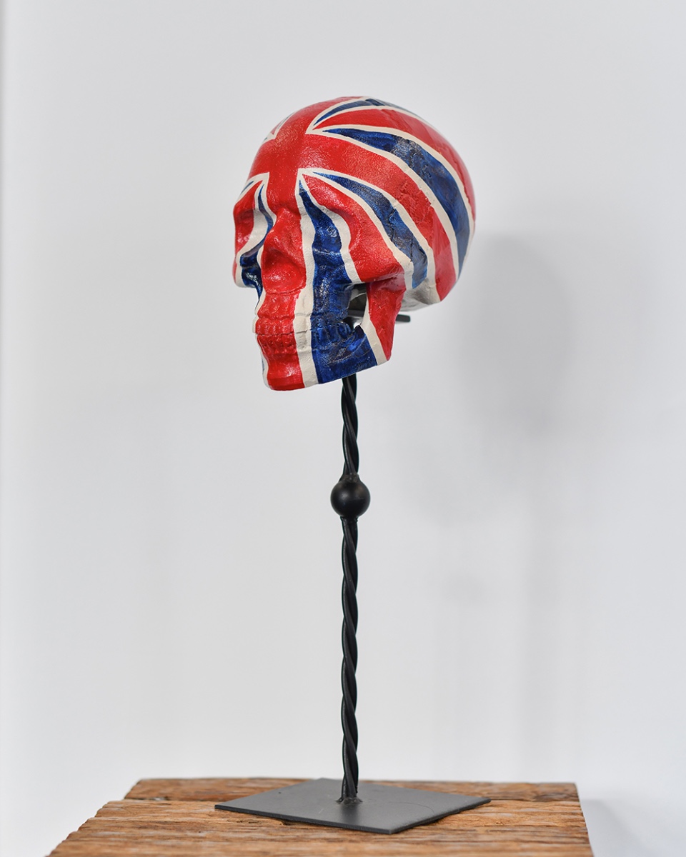 Aluminium 'British To The Bone' Skull Home Ornament - With Stand Side Of Head
