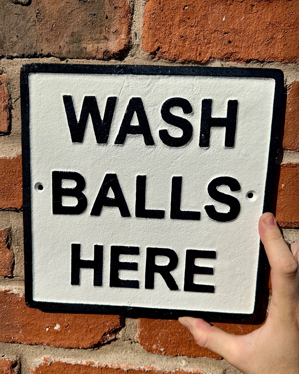 'Wash Balls Here' Cast Iron Humour Sign