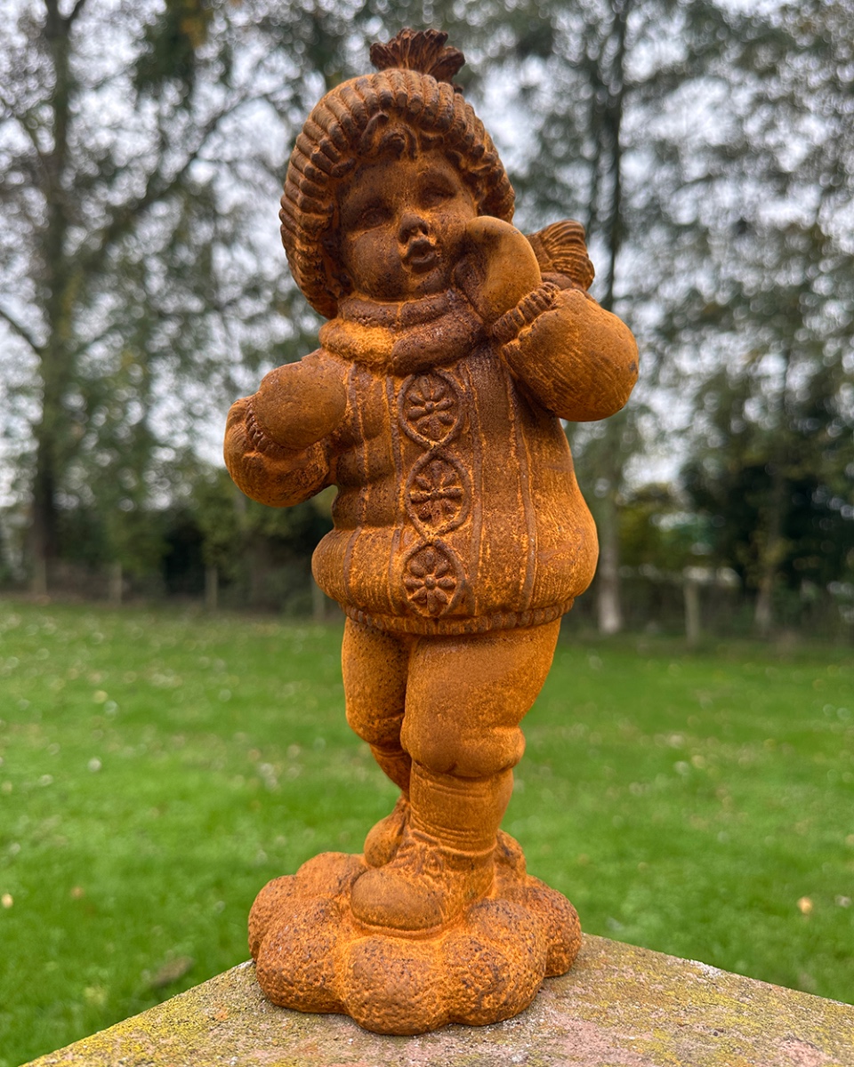 Rustic Cast Iron Girl In Winter Clothes Garden Sculpture