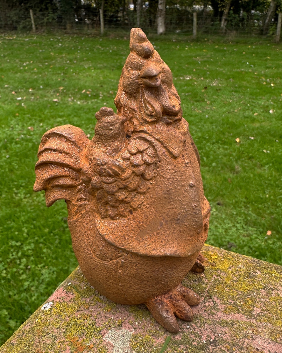Rustic Cast Iron Father Hen Garden Sculpture