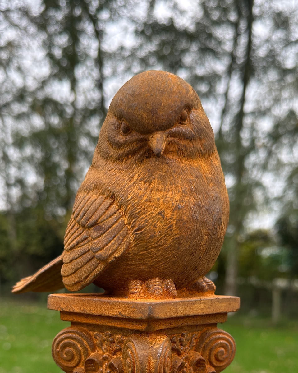 Rustic Cast Iron Perched Robin Garden Sculpture - Head Down