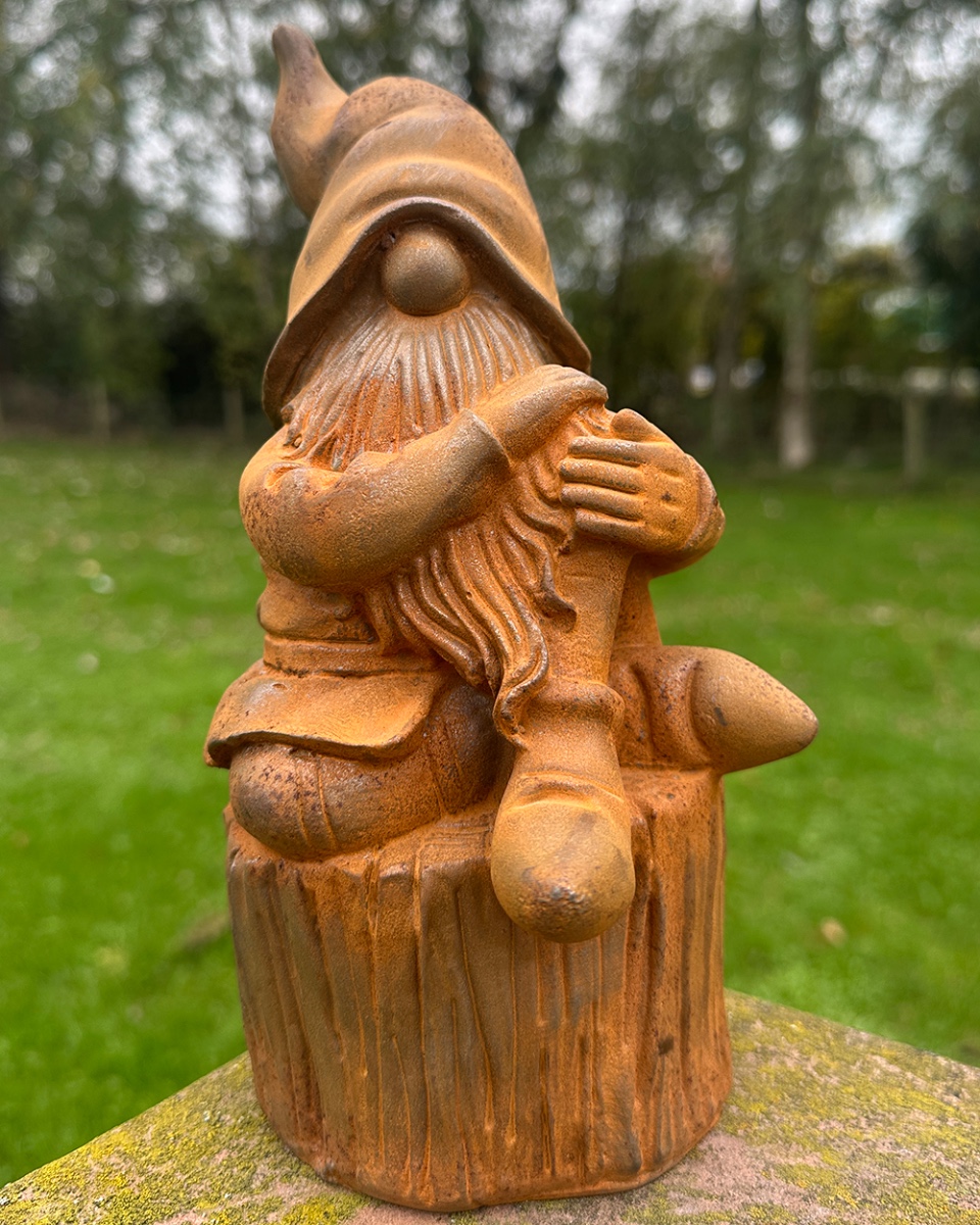 Rustic Cast Iron Relaxing Gnome Garden Sculpture