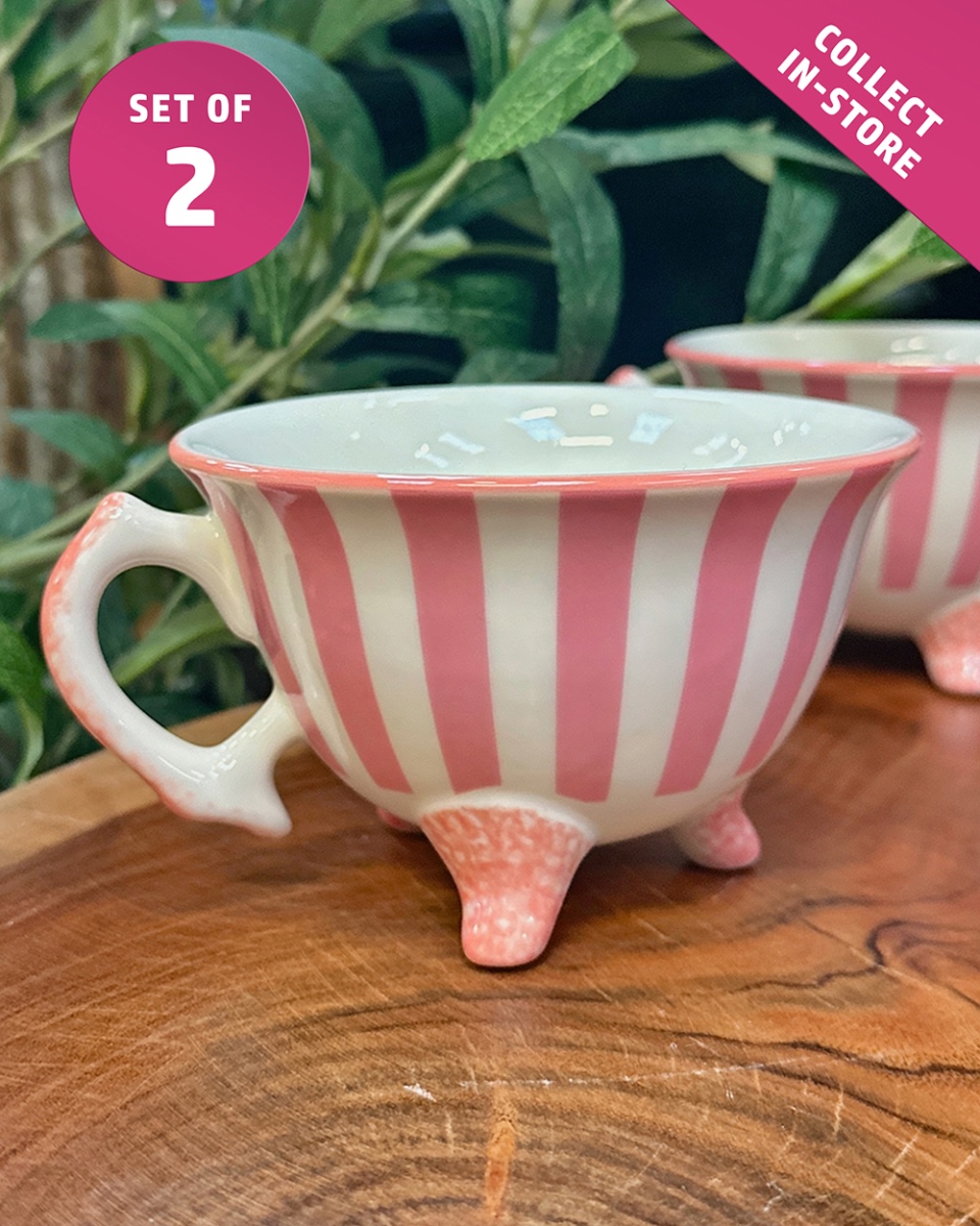 Set Of Two 'Sweet Shop' Pink & White Striped Ceramic Tea Cup (Clearance)
