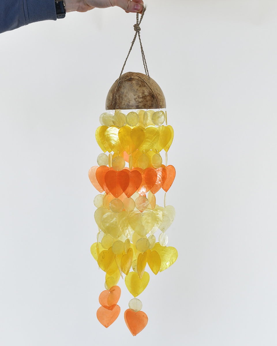 Deluxe Coconut & Shell Ornate Heart Wind Chime - Orange