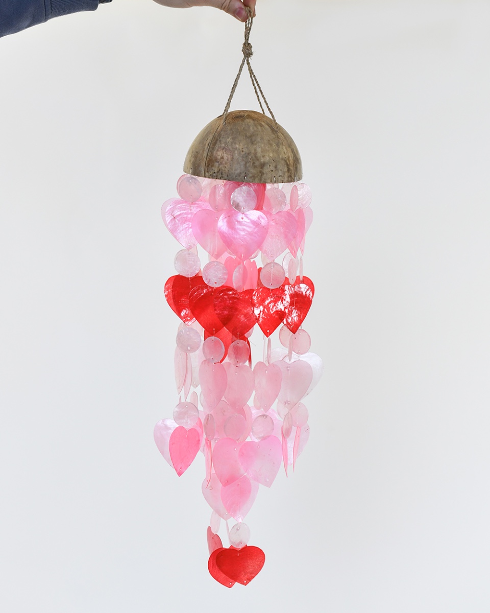Deluxe Coconut & Shell Ornate Heart Wind Chime - Red & Pink