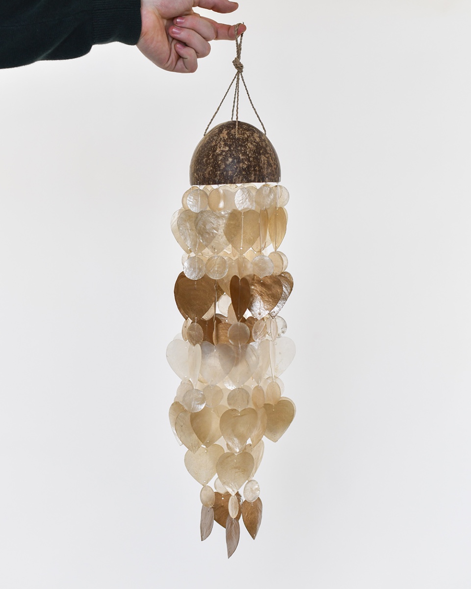 Deluxe Coconut & Shell Ornate Heart Wind Chime - Gold