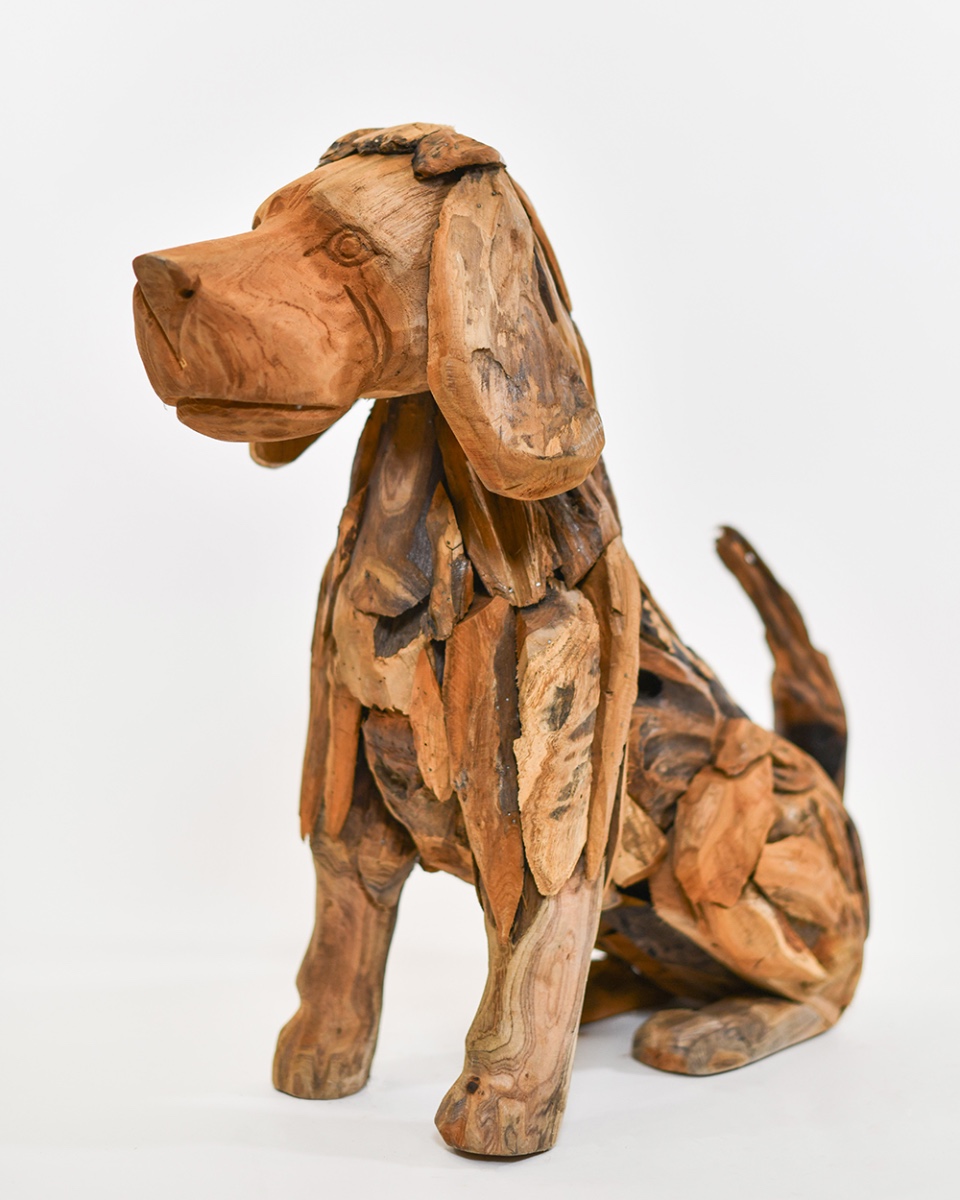 Teak Driftwood Sitting Dog Sculpture