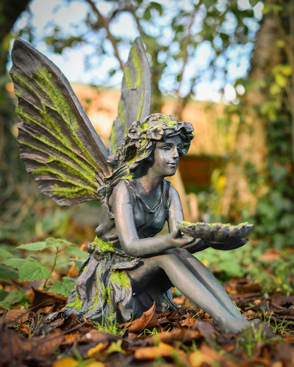 'Silent Offering' Aged Verdigris Resin Fairy Garden Sculpture