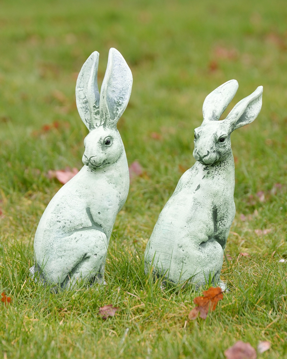 Cast Aluminium Pair Of Sitting Rabbits Garden Sculptures