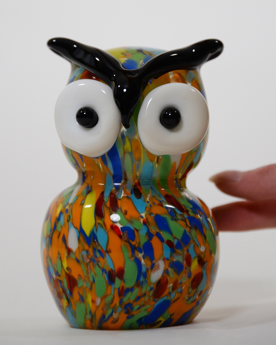 Decorative Glass Vibrant Owl Paper Weight Ornament To Scale