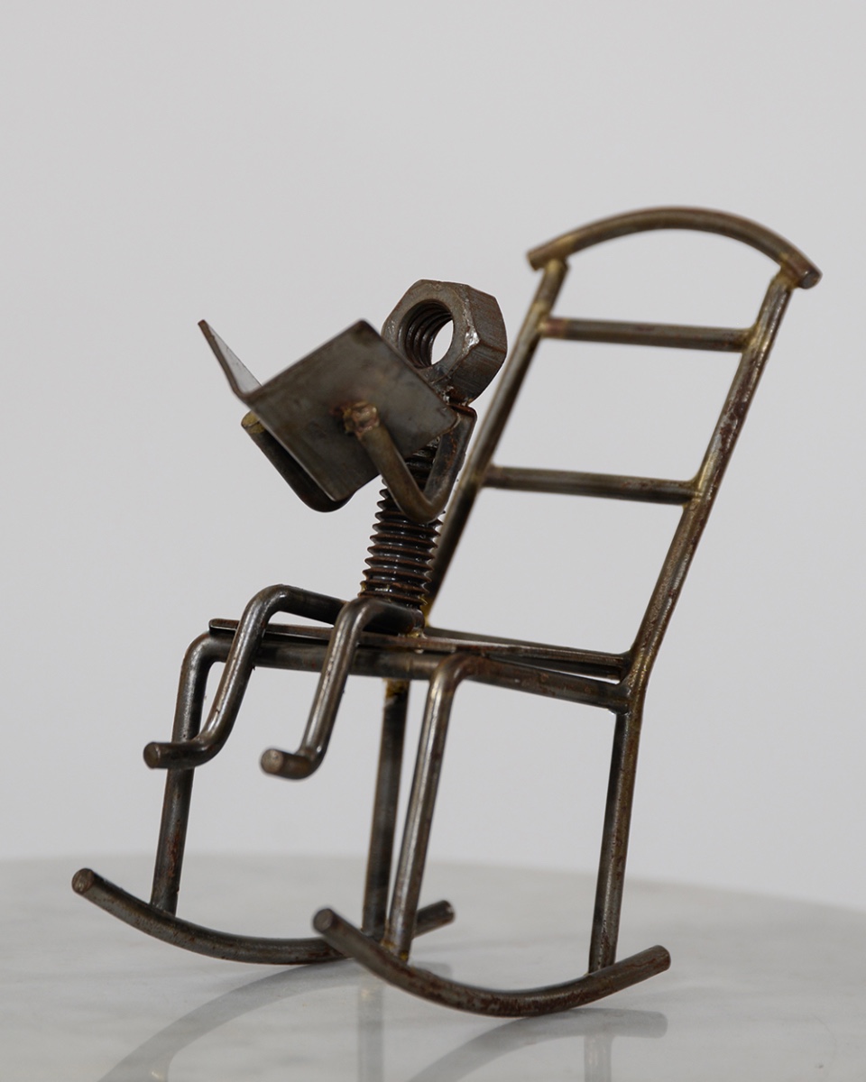 'Bolted Bookworm' Scrap Metal Art Sculpture