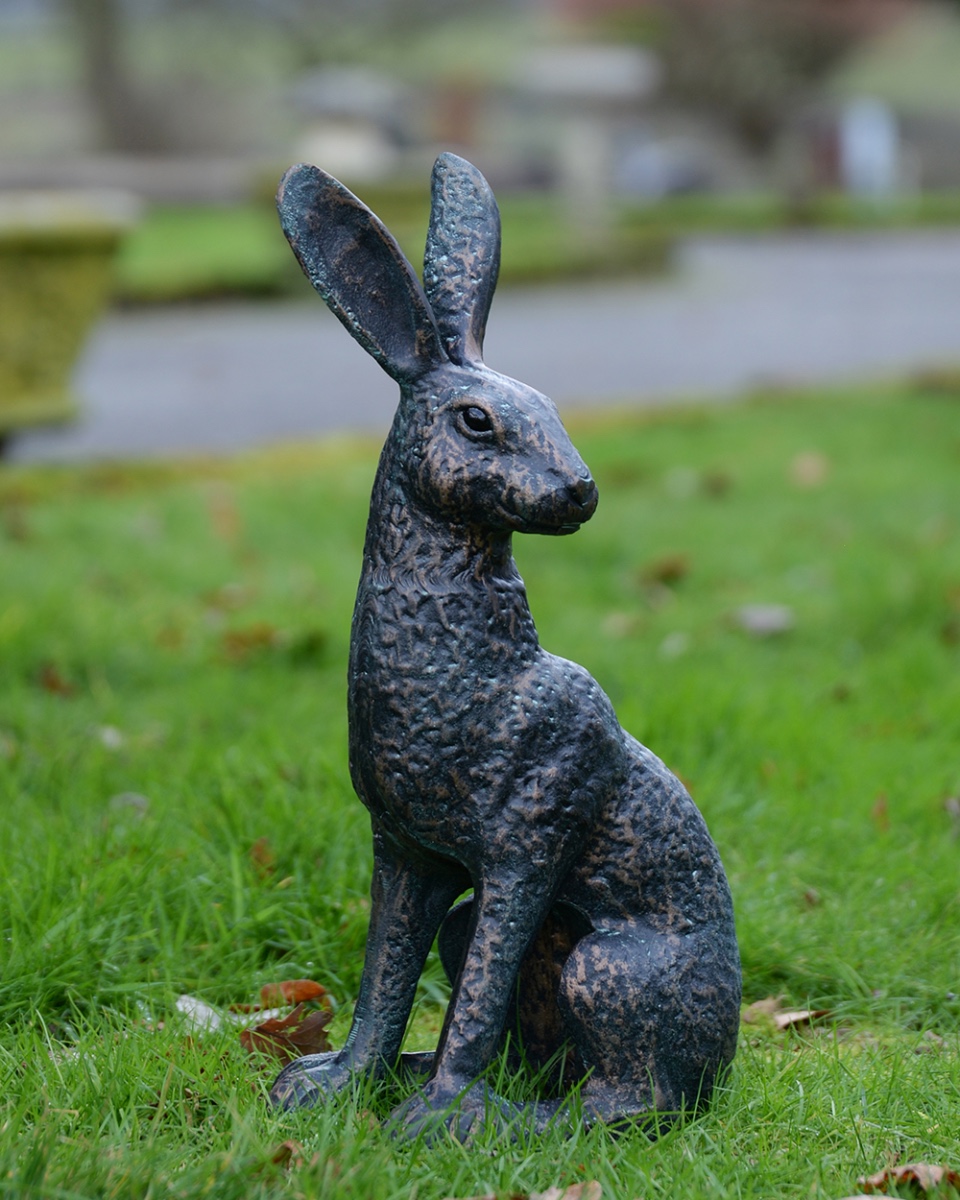 'Huxley & Dexter' The Pair Of Hares Garden Sculpture - Verdigris Looking Left