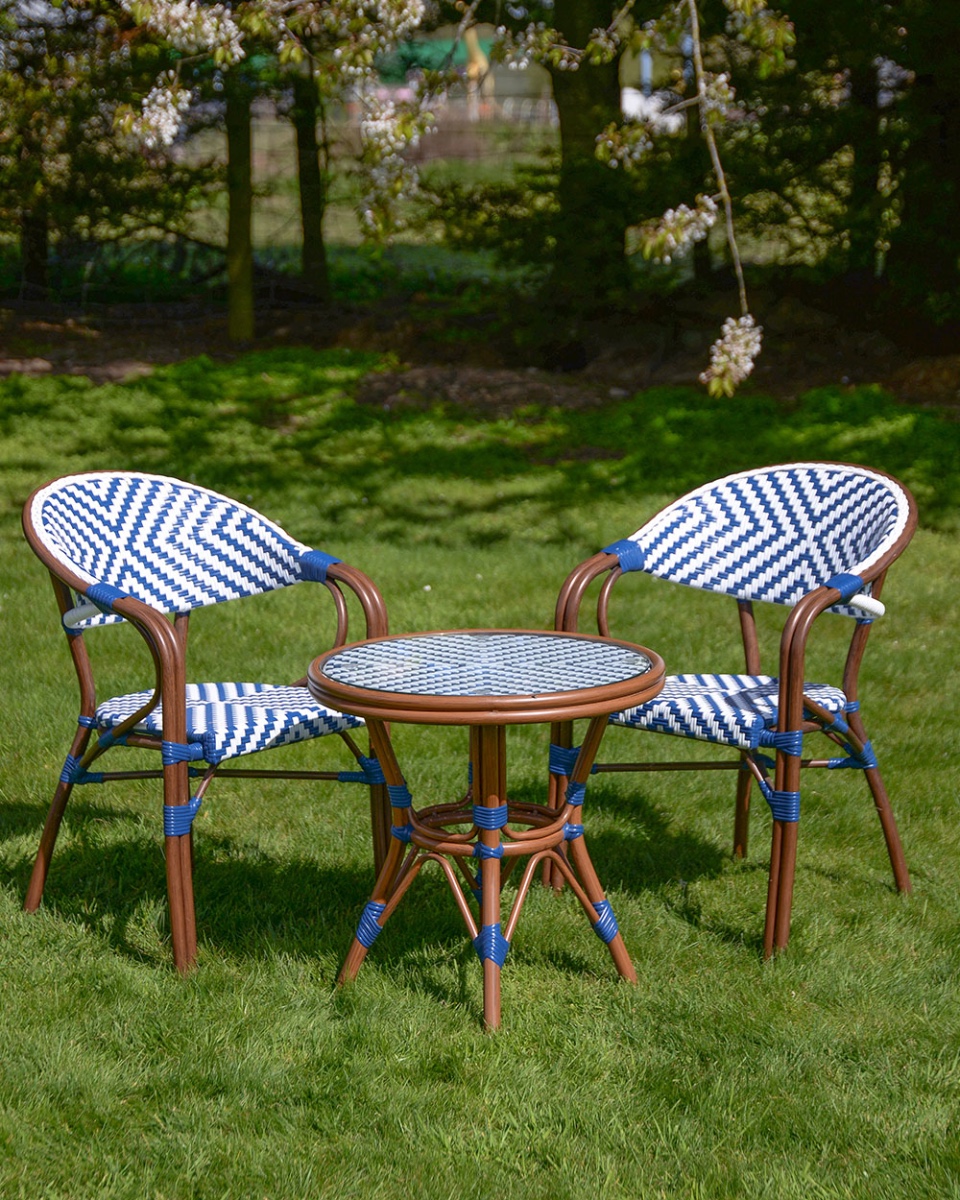 'Biarritz' Blue & White Two Seater Rattan Bistro Set